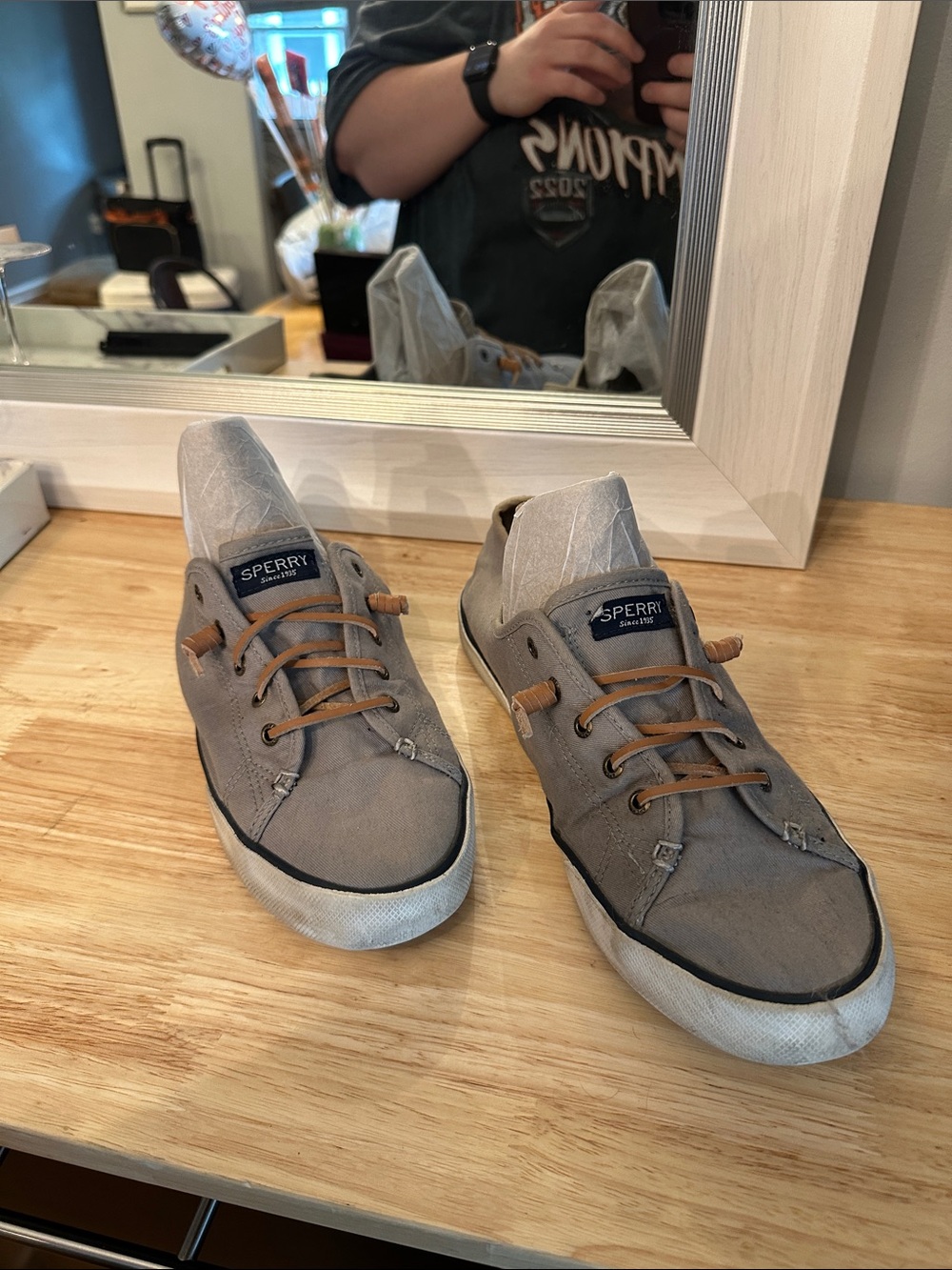 Women’s 12 Sperry Gray Canvas Lace-Up Boat Shoes with Tan Laces